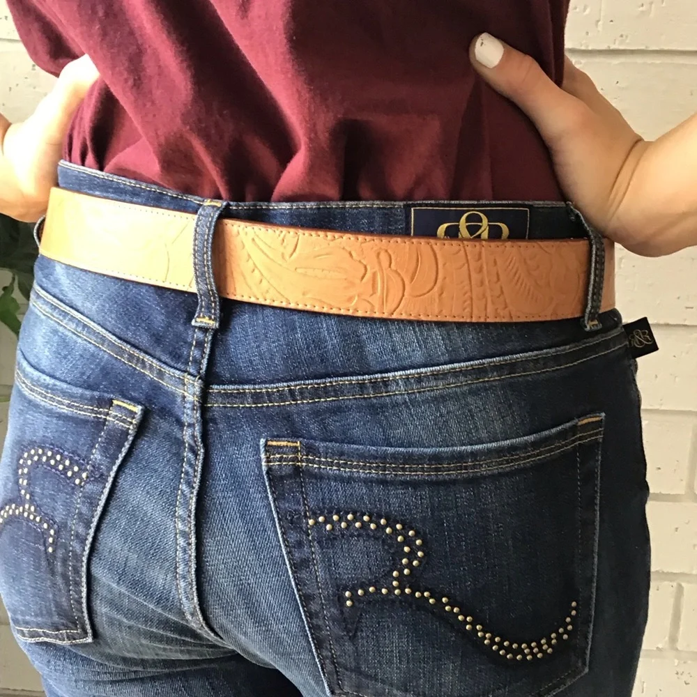 Moulin Rogue Silver Buckle Tan Tooled Leather Belt